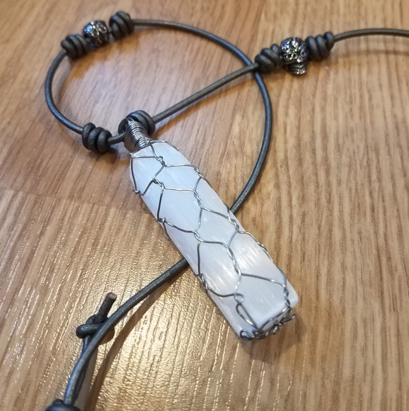 Hand Crafted Other - Selenite Skull Gunmetal Leather Neclace